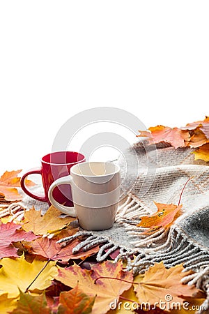 Hot coffee on wool plaid with autumn leaves, seasonal relax concept Stock Photo