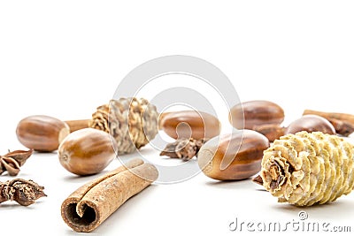 pine cones, cinnamon and acorns Stock Photo