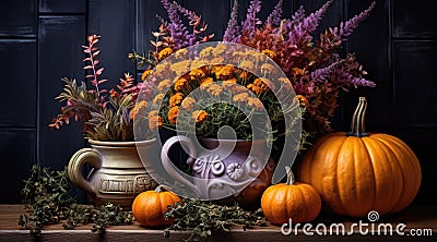 Autumn composition of pumpkin, heather and colorful flowers in pots Stock Photo