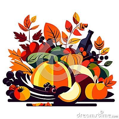 Autumn composition with pumpkins, apples, berries and leaves. Flat vector illustration. Generative AI Vector Illustration