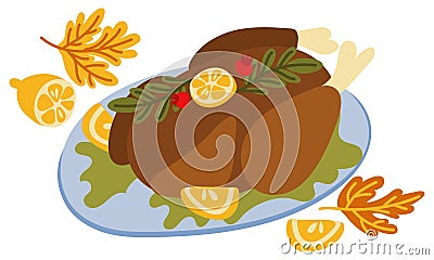 Autumn composition of ready-made turkey and foliage. Autumn seasonal cozy decor. Imagine a ready-made turkey with lemon Vector Illustration