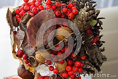 Autumn composition. Rowan berries, cones, acorns, colorful leaves, walnut, chestnut. Fall concept Stock Photo