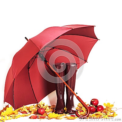 Autumn concept. Rubber boots and umbrella color Marsala. Stock Photo