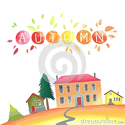 Autumn countryside. Illustration with houses, seasonal trees, fall leaves. Vector Illustration