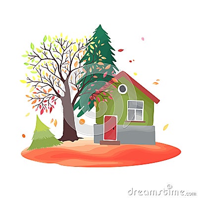 Autumn countryside. Illustration with rustic house, seasonal trees, fall leaves. Vector Illustration