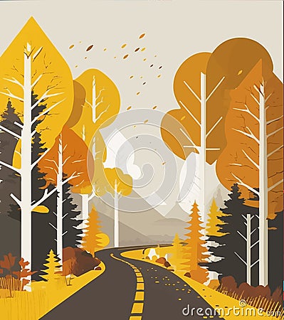 Autumn countryside scenery mid-autumn leaves falling from trees in orange foliage. Vector illustration Stock Photo