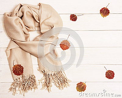 Autumn cozy composition with dried leaves of aspen and pastel beige scarf on wooden background Stock Photo