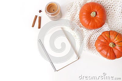 Autumn cozy composition. Mockup scene with blank notebook. Pumpkins, candle, cinnamon sticks and knitted plaid on white Stock Photo