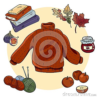 Autumn cozy doodles set. Cute hygge stickers Vector Illustration