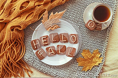 Autumn cozy flat lay. Top view. Hot tea cup and round white plate with cookies text HELLO FALL, orange warm scarf and autumn leav Stock Photo