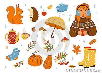 Autumn cozy vector illustration set. Cute cartoon fall sticker with squirrel, hedgehog, sweet girl with hot tea, yellow Vector Illustration