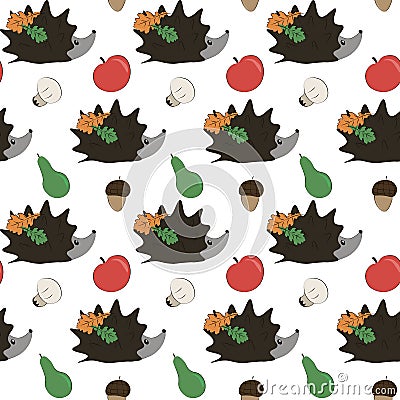 Autumn cute seamless pattern. Hedgehog, fruit, leaves, acorns, mushrooms Easy for design fabric, textile, print, icon Stock Photo