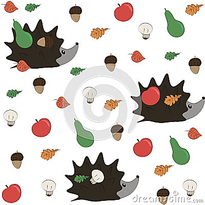 Autumn cute seamless pattern. Hedgehog, fruit, leaves, acorns, mushrooms Easy for design fabric, textile, print, icon Stock Photo