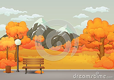Autumn day park scene. Bench with trash can and street lamp on a park trail with trees and bushes. Snow covered mountains. Vector Illustration