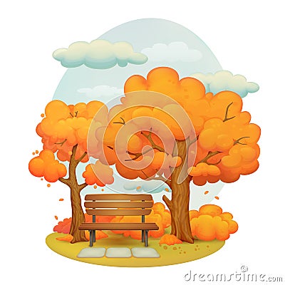 Autumn day in the park, trees with falling leaves, bushes and clouds. Vector Illustration