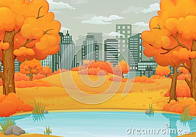 Autumn day vector illustration. Lake or river with orange bushes and trees with falling leaves. Withered hills and cityscape. Vector Illustration