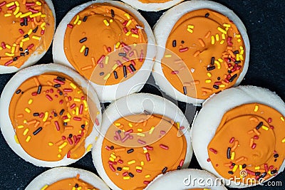 Autumn decorated sugar cookies with orange frosting. Macro. Fall Stock Photo
