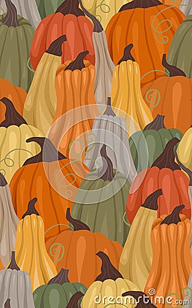 Autumn dense seamless pattern with pumpkins. Vector texture with vegetables. Harvesting. Farm background Vector Illustration