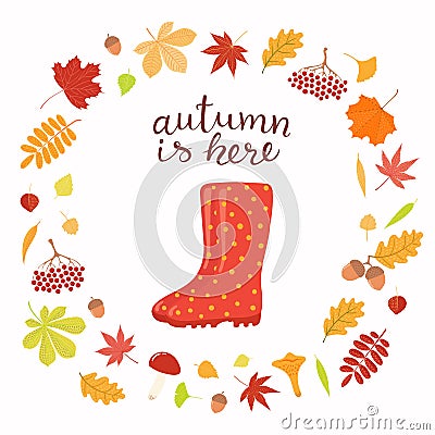 Autumn design with frame of leaves, wellington boots Vector Illustration