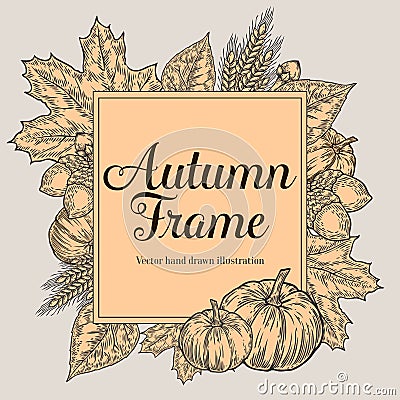 Autumn design for greeting card. Vintage harvest festival autumn elements. Hand drawn vector doodle frame with leaves, acorn Vector Illustration