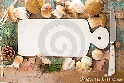 Autumn dinner concept - cutting board with fresh porcini boletus oak muchrooms, high quality, ready to cook Stock Photo