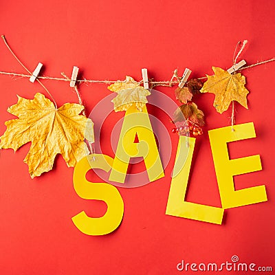 Autumn discount letters from yellow paper and dry leaves hang on clothespins on a red background. Autumn sale concept. Stock Photo