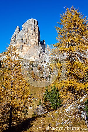 Autumn Dolomites mountain scene, Sudtirol, Italy. Cinque Torri Five towers rock formation Stock Photo