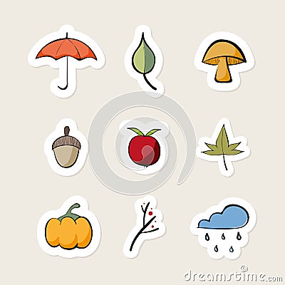 Autumn doodles filled icon set. Fall die cuts. Vector illustration, flat design Vector Illustration