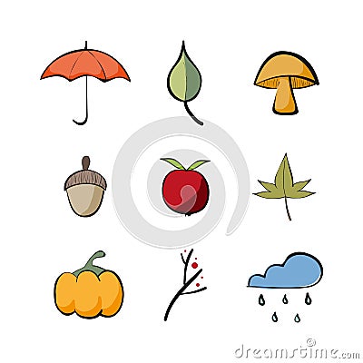 Autumn doodles filled icon set. Fall elements. Vector illustration, flat design Vector Illustration