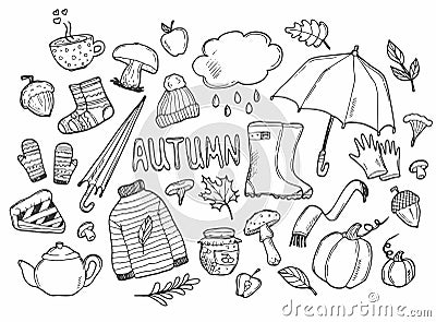 Autumn doodles. Hand drawn set of sketches: rubber boots,cloud, book, cup of tea, sweater, umbrella, pie, apple, mushrooms, leaves Vector Illustration