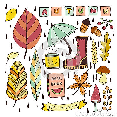 Autumn doodles. Isolated elements for stickers or patches. Stationery design vector illustration. Vector Illustration