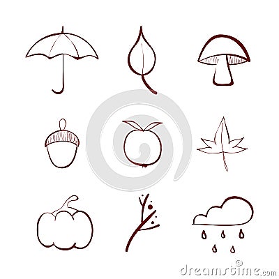 Autumn doodles outline icon set. Brown color. Vector illustration, flat design Vector Illustration