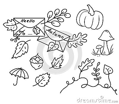 Autumn doodles coloring set letters leaves autumn mood drawn by hand separately on a white background line drawings Stock Photo