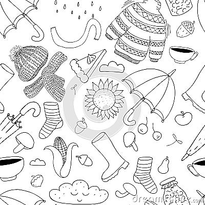 Autumn doodles vector seamless pattern on white background Vector Illustration