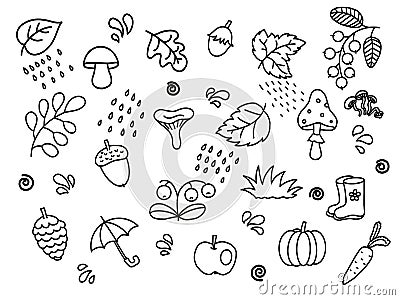 Autumn doodles on a white background leave mushrooms berries pumpkin nuts carrots boots umbrella Stock Photo