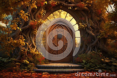 autumn door covered in climbing vines vector fall background Stock Photo