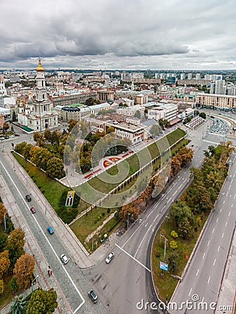 Autumn downtown streets, Kharkiv city aerial pano Stock Photo
