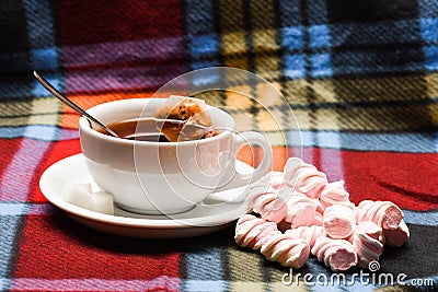 Autumn drink concept. Tea mug with dipped bag of tea and marshmallows on checkered plaid. Process of drink brewing in Stock Photo