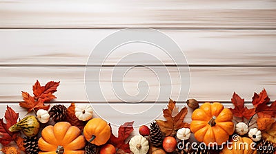 Autumn Elegance: Pumpkins and Pine Cones on Whitewash Stock Photo