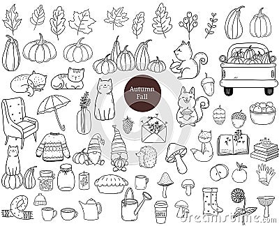 Autumn elements hand drawn Illustration black icon and big set Isolated character. Vector Vector Illustration