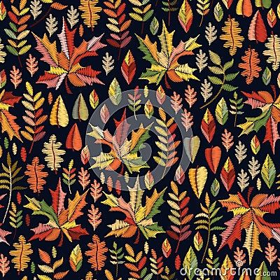 Autumn embroidery. Ditsy seamless pattern with colorful leaves on black background Vector Illustration