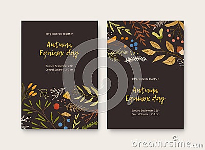 Autumn Equinox Day invitation poster flat vector templates. Japanese holiday botanical banner layouts. Leaves and Vector Illustration