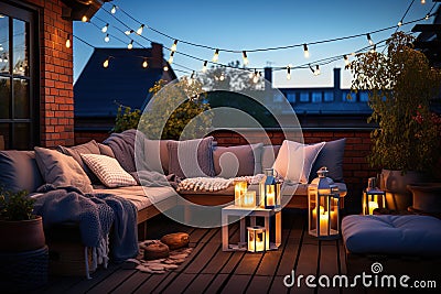 Autumn Evening Charm Cozy Outdoor Terrace with Enchanting String Lights on the Roof of a Beautiful House. created with Generative Stock Photo