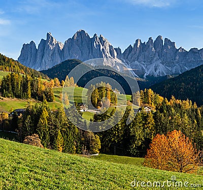 Autumn evening Santa Magdalena famous Italy Dolomites village surroundings view in front of the Geisler or Odle Dolomites mountain Stock Photo