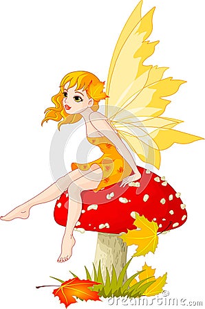 Autumn Fairy on the Mushroom Vector Illustration