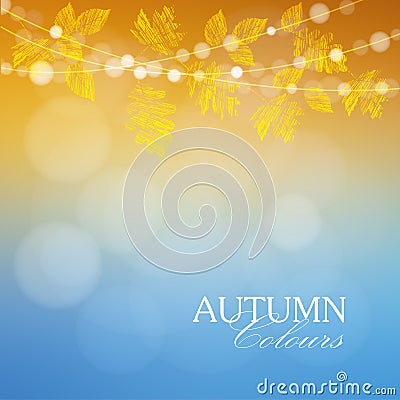 Autumn, fall background with maple and oak leaves and lights, Vector Illustration