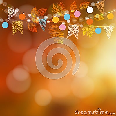 Autumn fall card, banner. Garden party decoration. Garland of oak, maple leaves, lights, party flags.Vector blurred illustration Vector Illustration