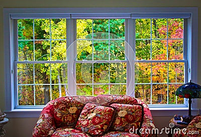 Autumn fall colorful leaves window view Stock Photo