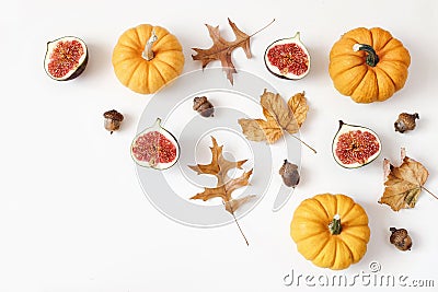 Autumn, fall composition of ripe purple figs. Fruit, pumpkins, colorful maple and oak leaves and acorns isolated on Stock Photo