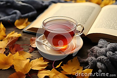 Autumn, fall leaves, cup of tea, opened book and warm scarf on wooden table. Seasonal, book reading, Sunday relaxing, teatime and Stock Photo